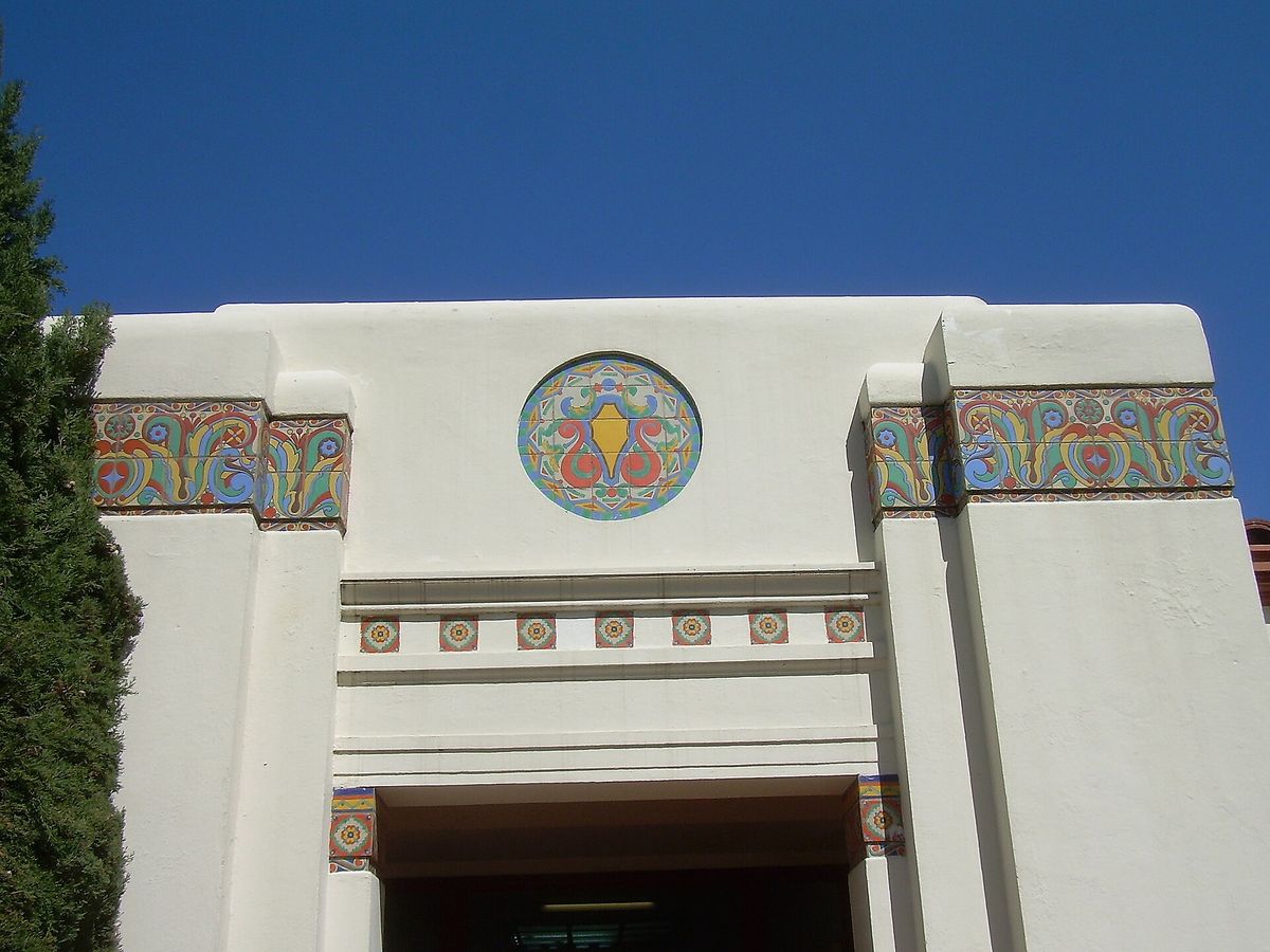 Painted tiles and a medallion on the old Campbell High School