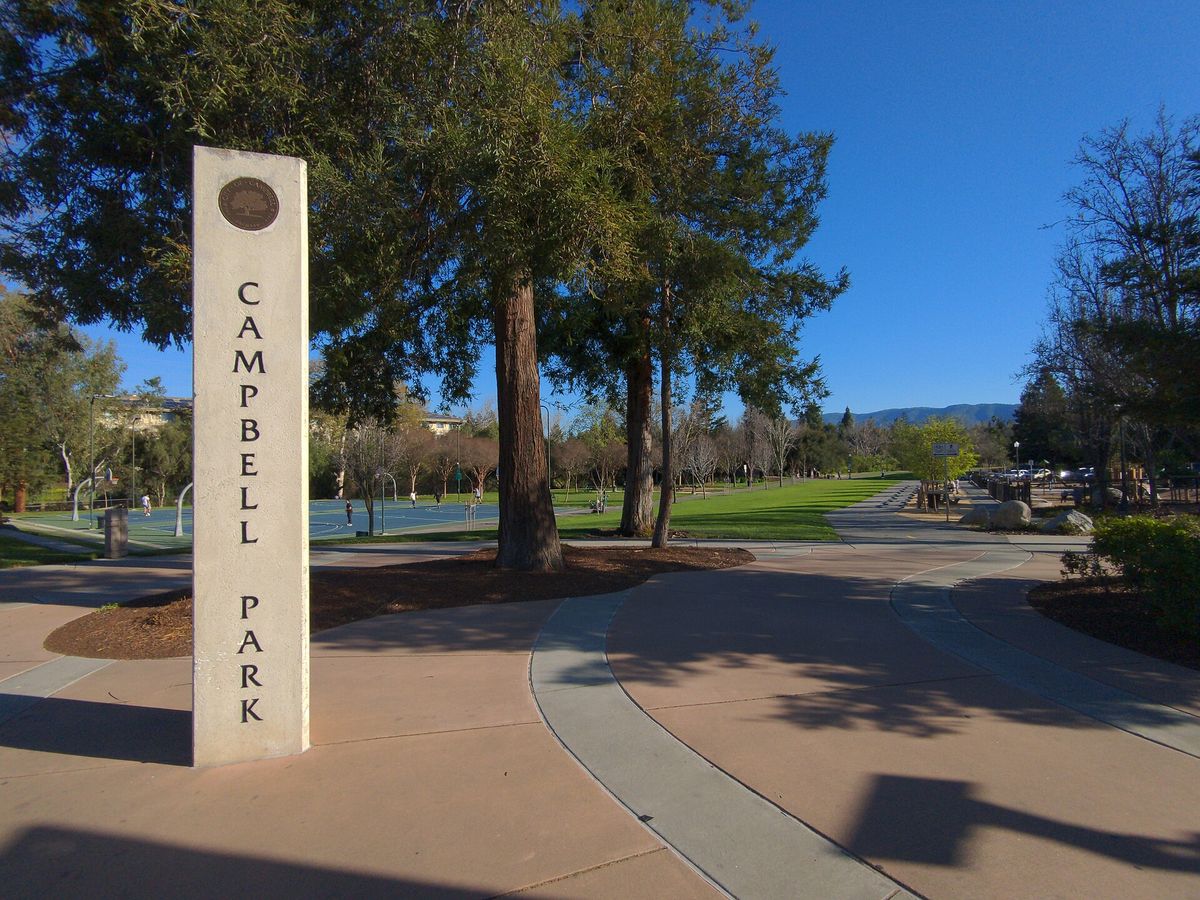 The entrance marker and paths of Campbell Park