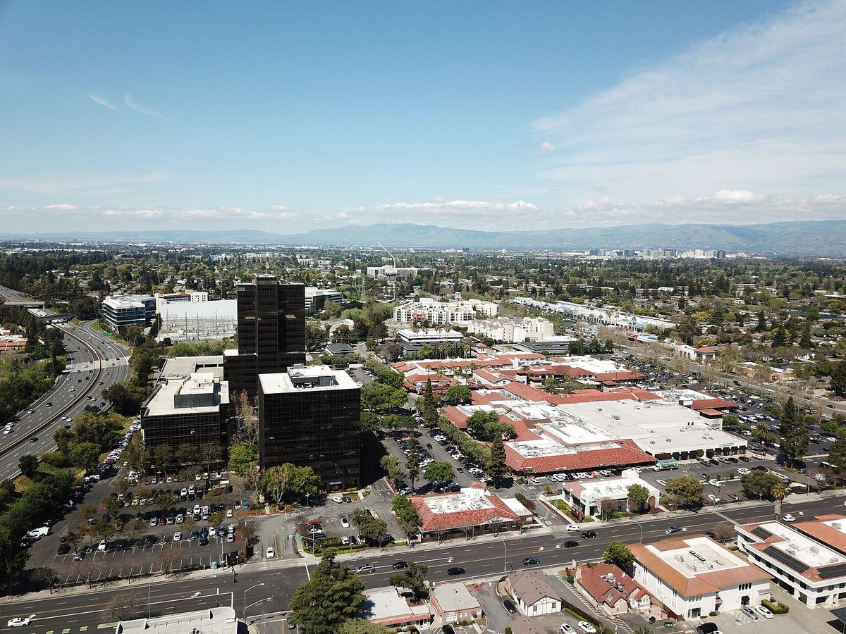 The Pruneyard towers and Highway 17 seen from the air