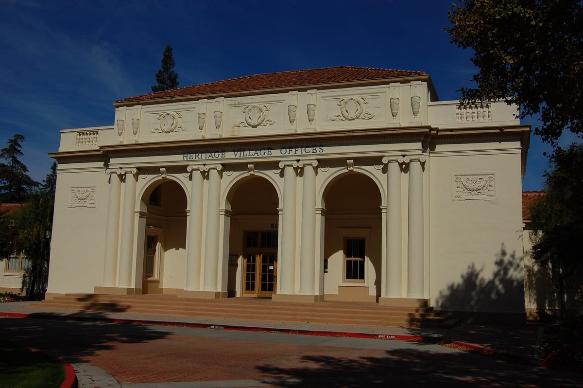 The columned entrance of the 1923 Campbell Union Grammar School