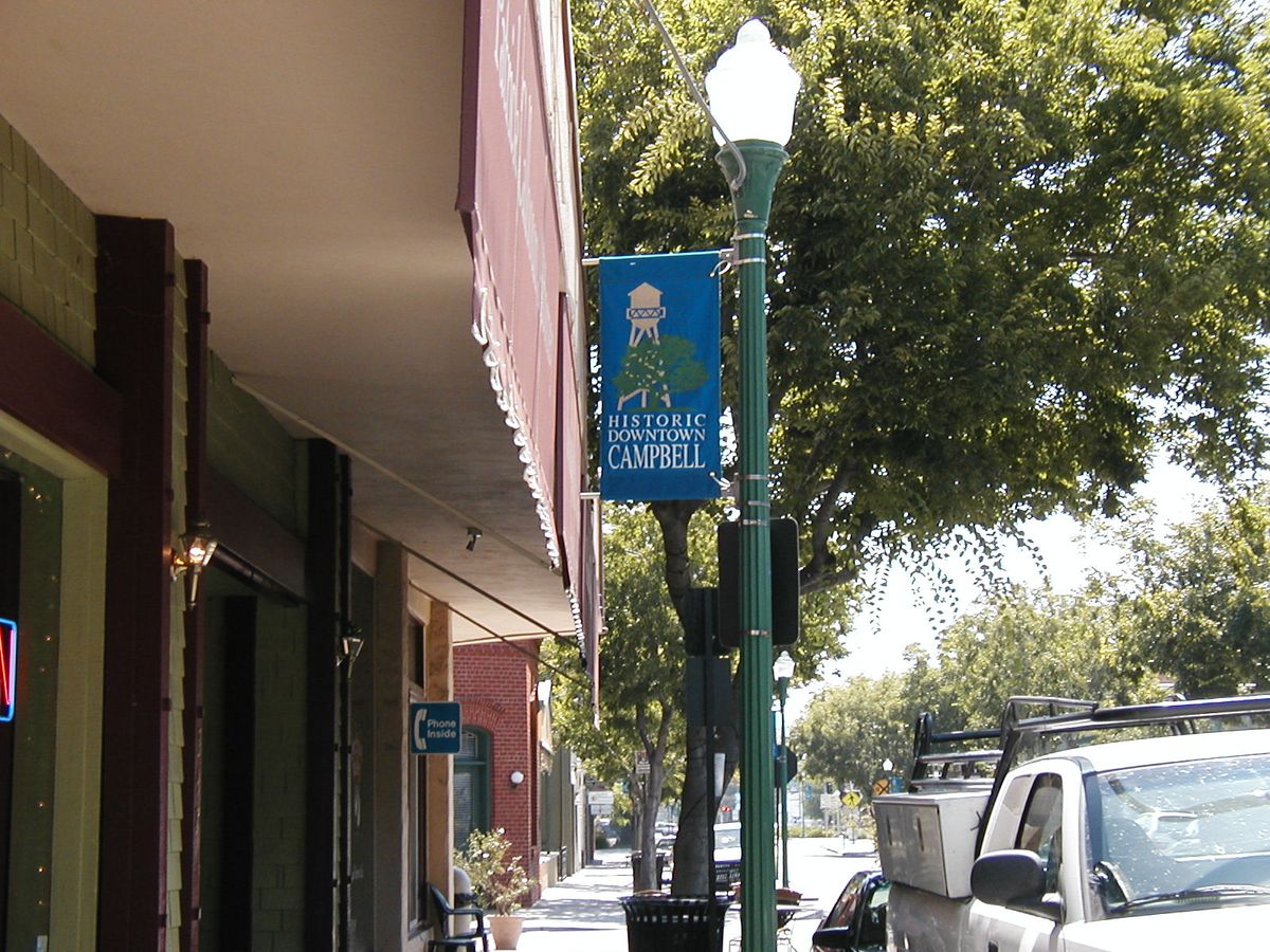 Shopfronts and a Historic Downtown Campbell banner on East Campbell Avenue
