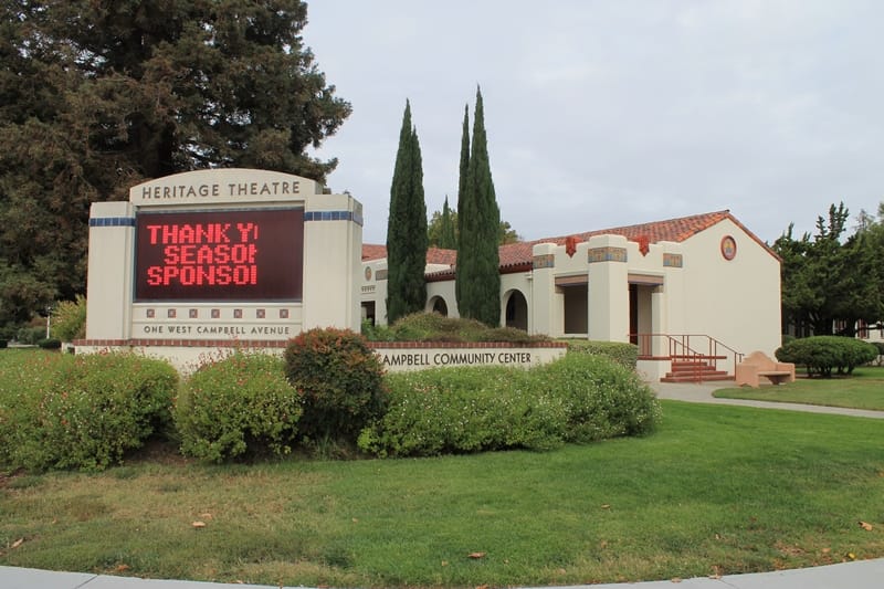 The Heritage Theatre sign and the Campbell Community Center buildings