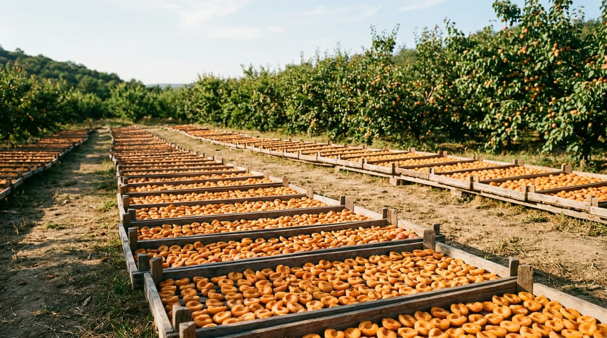 Wooden trays of apricots drying in the sun in an open yard