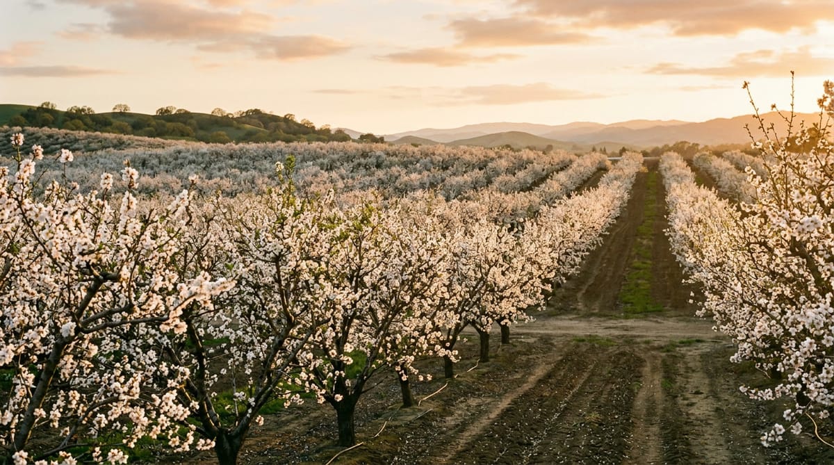 Rows of orchard trees in white spring blossom at golden hour