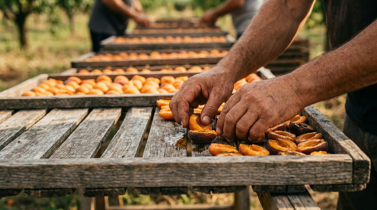 Hands laying apricot halves on a wooden drying tray in the sun