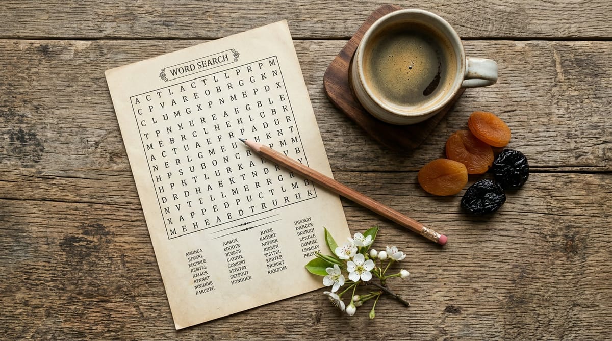 A word search, a pencil, coffee, dried apricots and a sprig of blossom on a wooden table